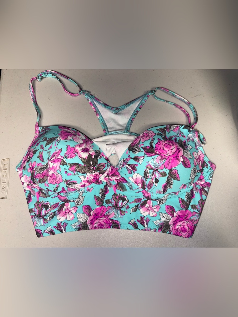 Girls Floral Swimsuit Top in Aqua and Pink - Youth